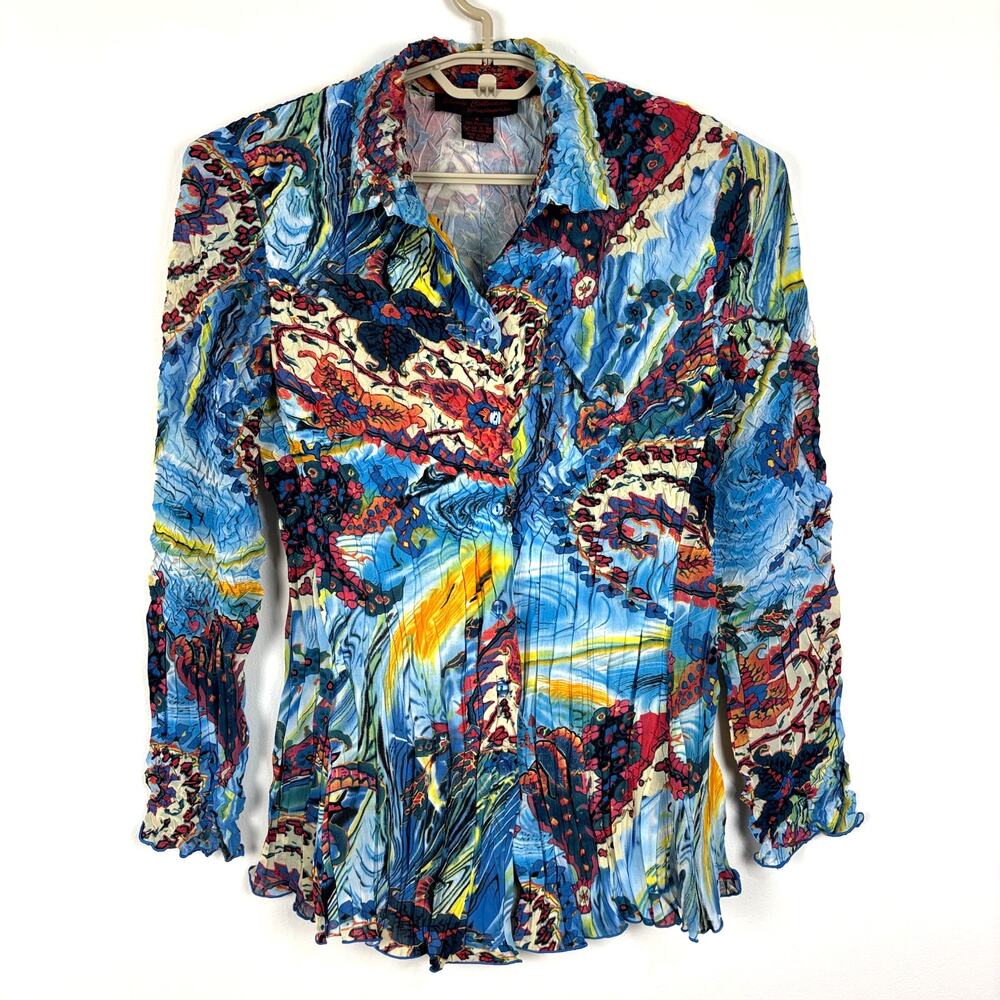 Pleats Collection Crinkle Button Shirt Medium Blue multicolor Y2K psychedelic